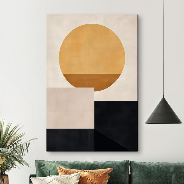 Gele cirkel en zwarte vierkantjes Canvas Schilderijen Gele cirkel en zwarte vierkantjes