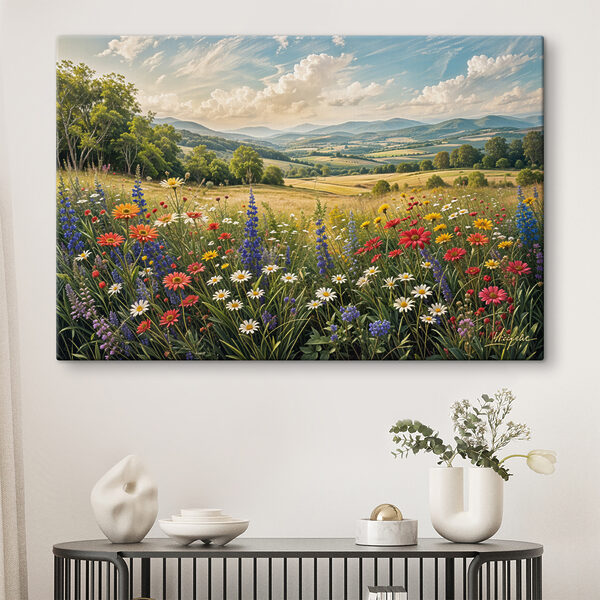 Bloemenveld met bergen op de achtergrond Canvas Schilderijen Bloemenveld met bergen op de achtergrond