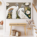 Canvas Schilderijen Paar witte pauwen op een tak met bloemen
