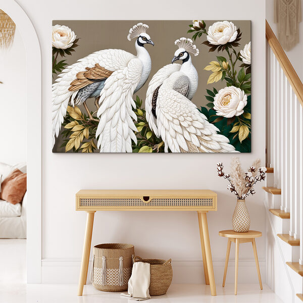 Paar witte pauwen op een tak met bloemen Canvas Schilderijen Paar witte pauwen op een tak met bloemen