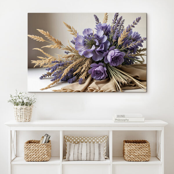 Boeket van paarse bloemen en tarwe Canvas Schilderijen Boeket van paarse bloemen en tarwe