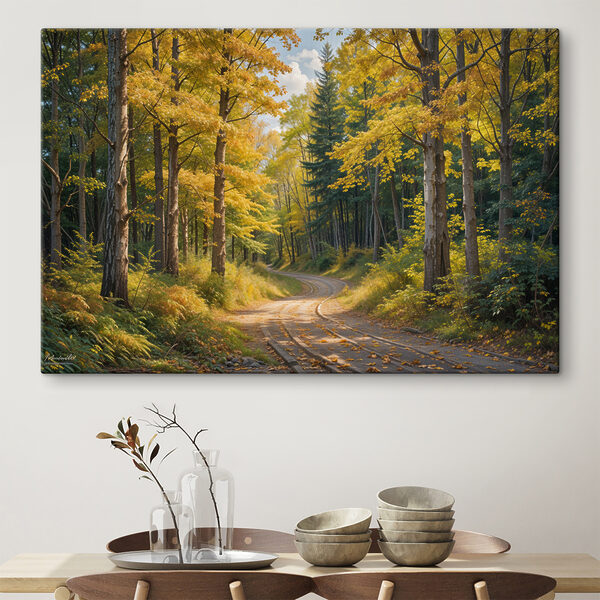 Weg door een bos met gele bladeren Canvas Schilderijen Weg door een bos met gele bladeren