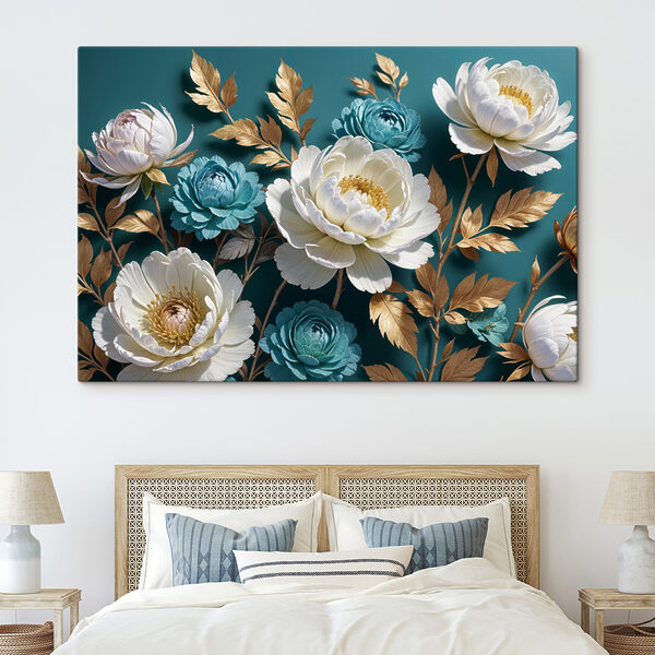 Groep witte en blauwe bloemen Canvas Schilderijen Groep witte en blauwe bloemen