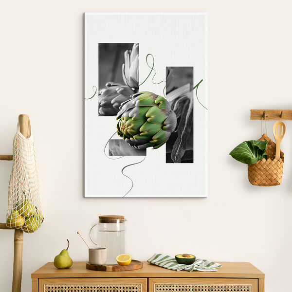 Artisjokken op een tafel met een groene achtergrond Canvas Schilderijen Artisjokken op een tafel met een groene achtergrond