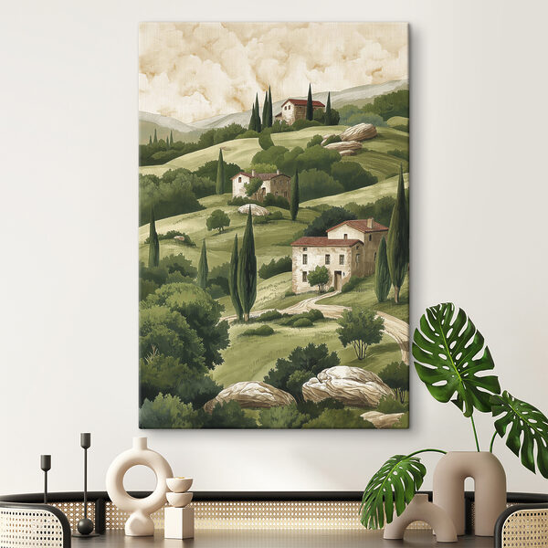 Schilderij van een landschap met huizen en bomen Canvas Schilderijen Schilderij van een landschap met huizen en bomen