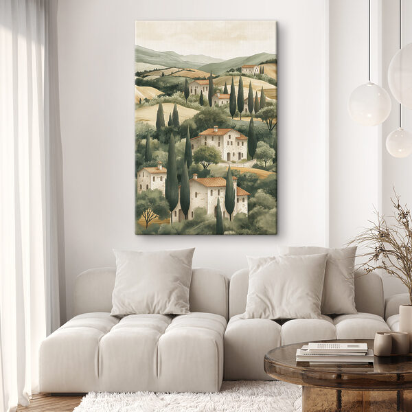 Landschap met huizen en bomen Canvas Schilderijen Landschap met huizen en bomen