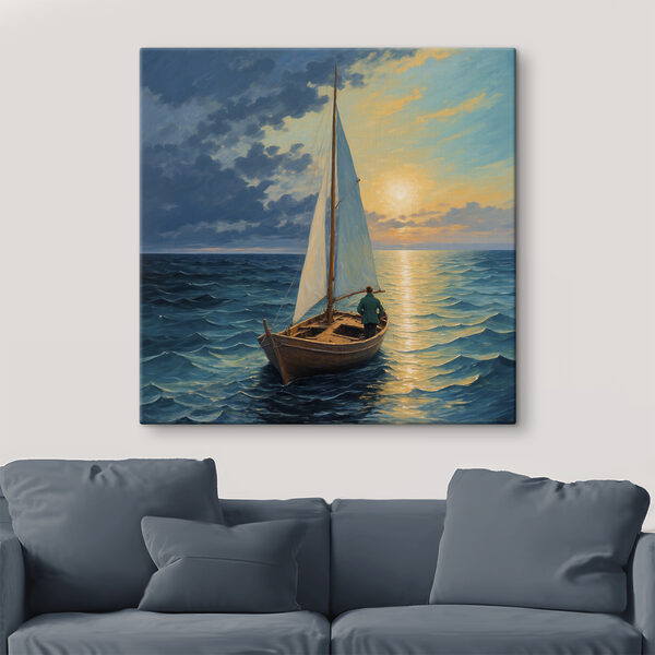 Schilderij van een man in een boot in de oceaan Canvas Schilderijen Schilderij van een man in een boot in de oceaan