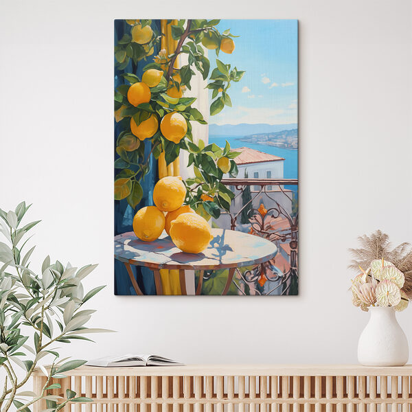 Schilderij van citroenen op een tafel Canvas Schilderijen Schilderij van citroenen op een tafel