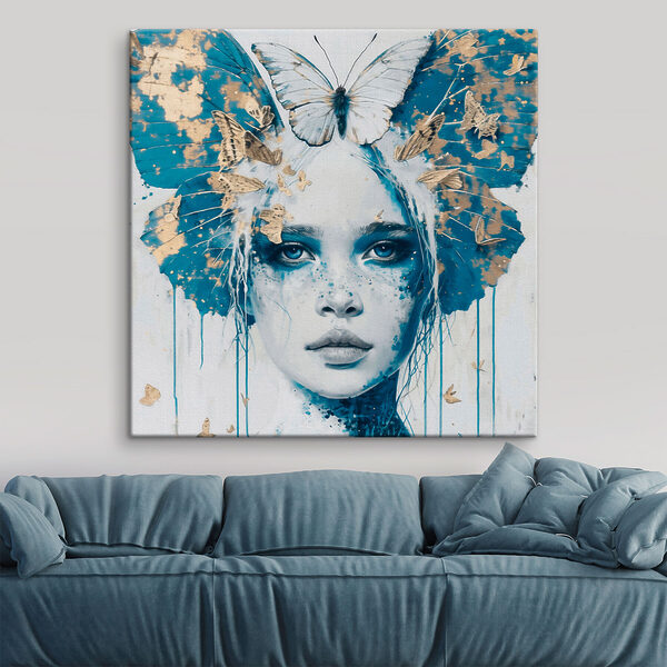 Vrouw met vlinder op haar hoofd Canvas Schilderijen Vrouw met vlinder op haar hoofd