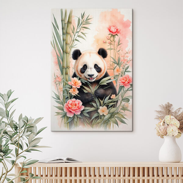 Pandabeer met bloemen en bamboe Canvas Schilderijen Pandabeer met bloemen en bamboe