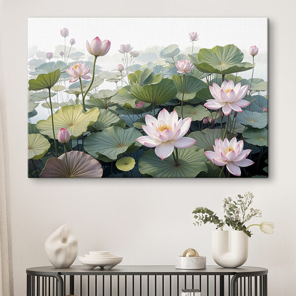 Groep roze bloemen en groene bladeren Canvas Schilderijen Groep roze bloemen en groene bladeren