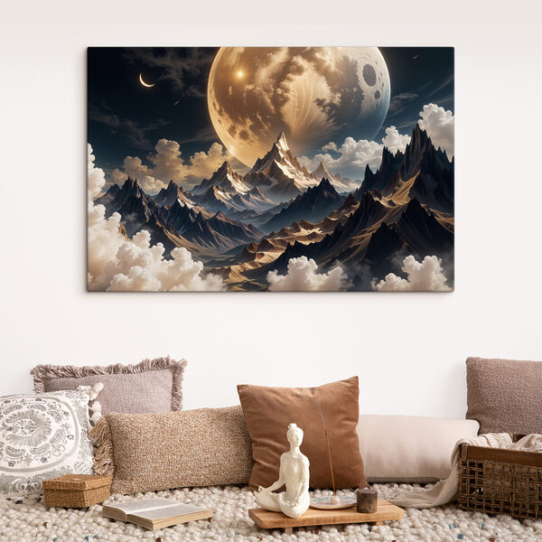 Maan boven bergen en wolken Canvas Schilderijen Maan boven bergen en wolken