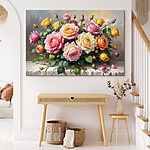 Canvas Schilderijen Boeket bloemen op een tafel