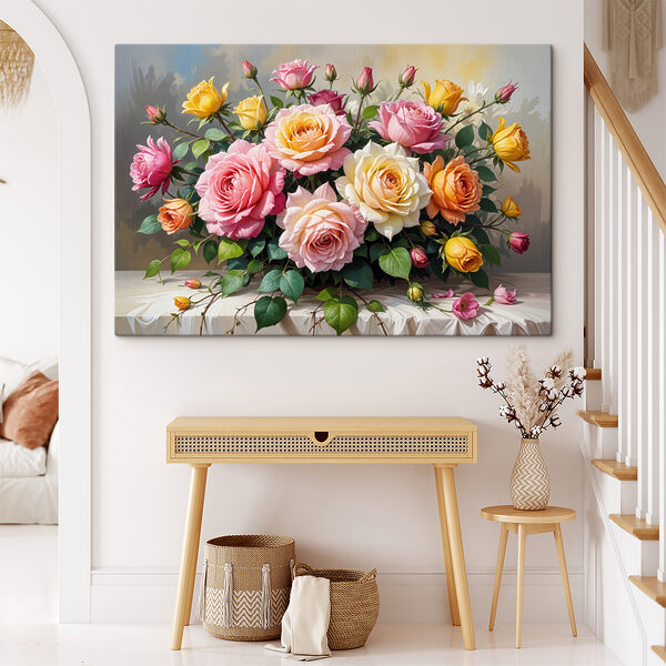 Boeket bloemen op een tafel Canvas Schilderijen Boeket bloemen op een tafel