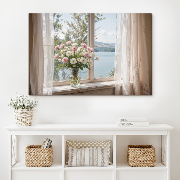 Vaas met bloemen voor een raam Canvas Schilderijen Vaas met bloemen voor een raam