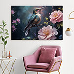 Canvas Schilderijen Vogel zittend op een tak met bloemen