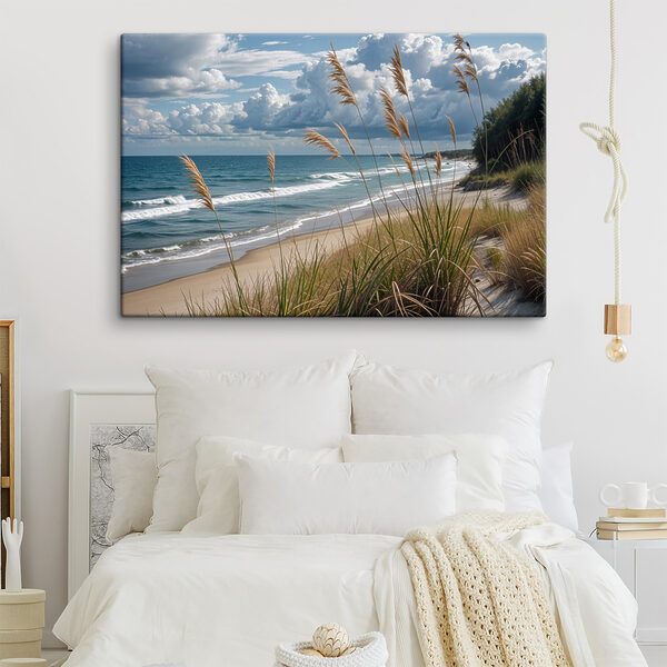Strand met hoog gras en water Canvas Schilderijen Strand met hoog gras en water