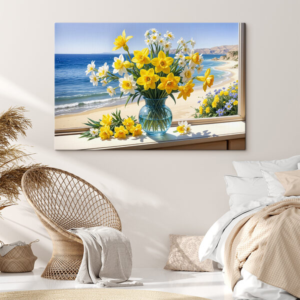 Vaas met gele en witte bloemen op een vensterbank Canvas Schilderijen Vaas met gele en witte bloemen op een vensterbank