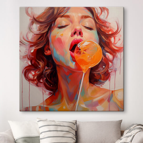 Vrouw met rood haar en een lolly Canvas Schilderijen Vrouw met rood haar en een lolly