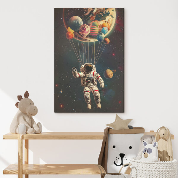 Een astronaut zwevend in de ruimte met ballonnen Canvas Schilderijen Een astronaut zwevend in de ruimte met ballonnen