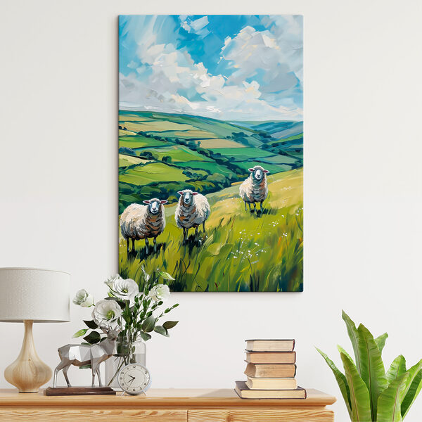 Groep schapen op een met gras begroeide heuvel Canvas Schilderijen Groep schapen op een met gras begroeide heuvel