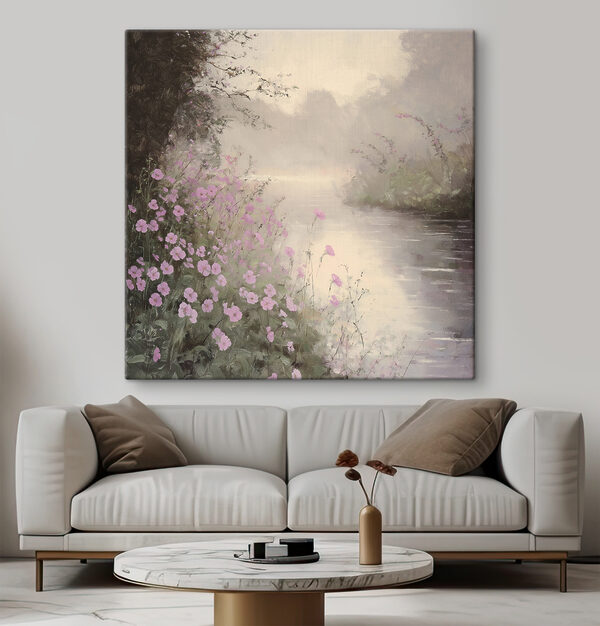 Rivier met paarse bloemen Canvas Schilderijen Rivier met paarse bloemen