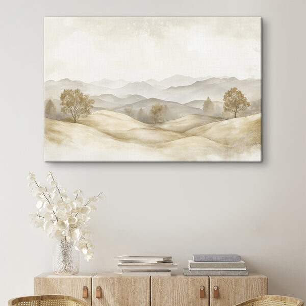 Landschap van heuvels met bomen en bergen op de achtergrond Canvas Schilderijen Landschap van heuvels met bomen en bergen op de achtergrond