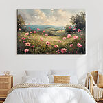 Canvas Schilderijen Schilderij van een veld met roze bloemen