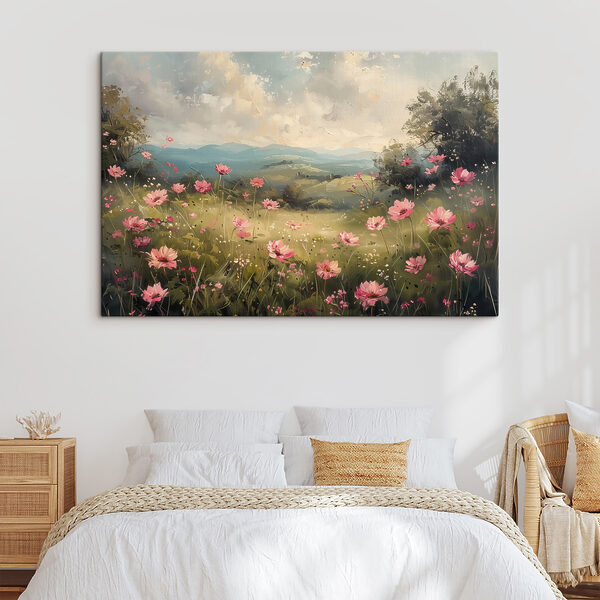 Schilderij van een veld met roze bloemen Canvas Schilderijen Schilderij van een veld met roze bloemen