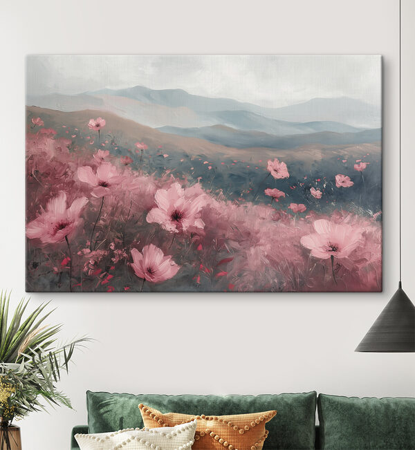 Veld met roze bloemen Canvas Schilderijen Veld met roze bloemen