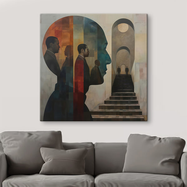 Schilderij van een man’s gezicht en een trap Canvas Schilderijen Schilderij van een man’s gezicht en een trap