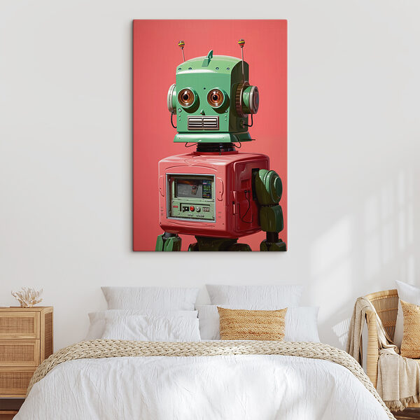 Groen en roze robot met grote ogen Canvas Schilderijen Groen en roze robot met grote ogen