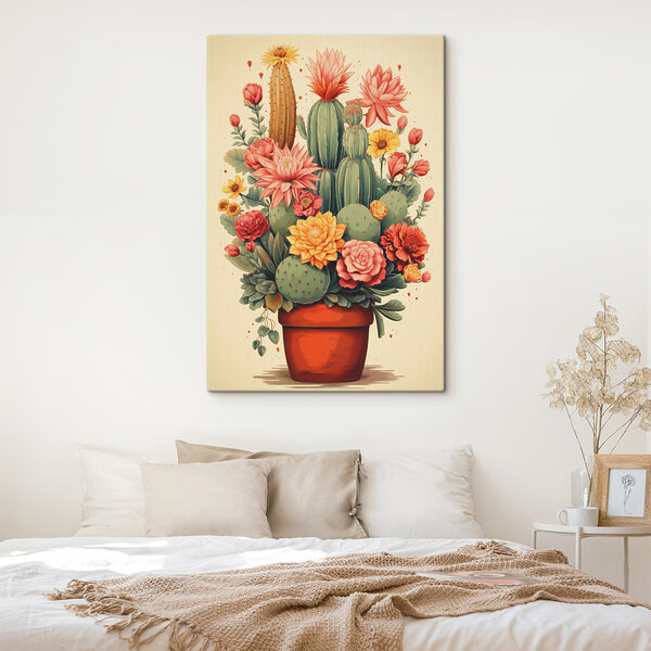 Cactus en bloemen in een pot Canvas Schilderijen Cactus en bloemen in een pot