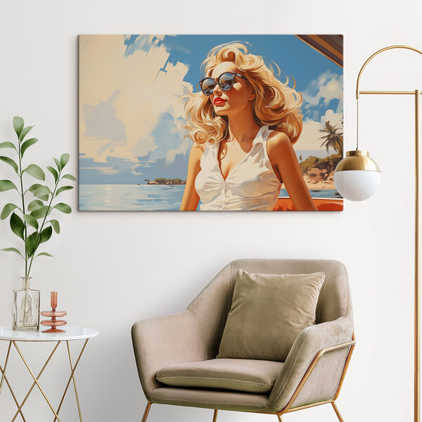 Vrouw met zonnebril en witte jurk Canvas Schilderijen Vrouw met zonnebril en witte jurk