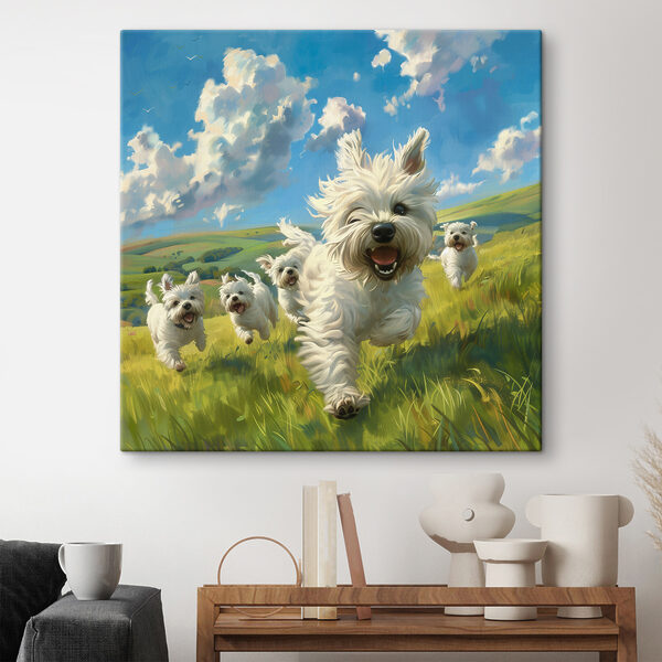 Groep witte honden in een veld Canvas Schilderijen Groep witte honden in een veld