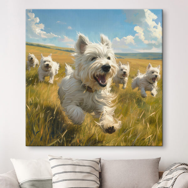 Groep witte honden in een veld Canvas Schilderijen Groep witte honden in een veld