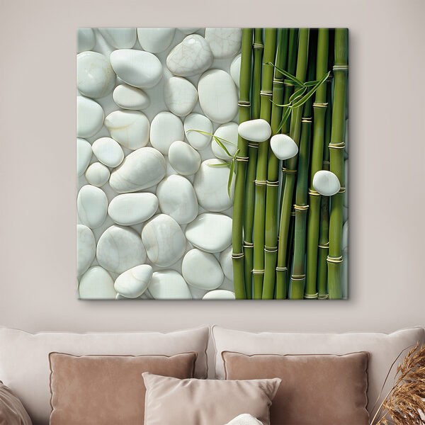 Groep groene bamboestengels en witte rotsen Canvas Schilderijen Groep groene bamboestengels en witte rotsen