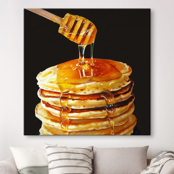 Stapel pannenkoeken met honing druipend van een houten stokje Canvas Schilderijen Stapel pannenkoeken met honing druipend van een houten stokje