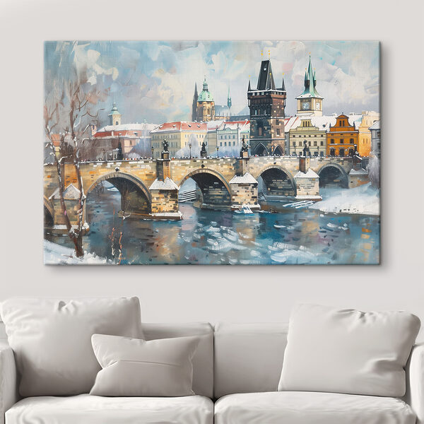 Brug over water met gebouwen en sneeuw Canvas Schilderijen Brug over water met gebouwen en sneeuw