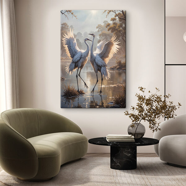 Paar witte kraanvogels in een vijver Canvas Schilderijen Paar witte kraanvogels in een vijver