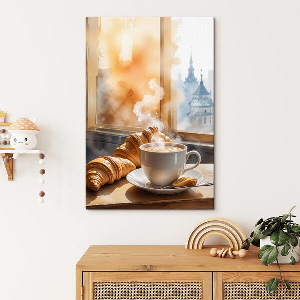 Kopje koffie en croissants op een tafel Canvas Schilderijen Kopje koffie en croissants op een tafel