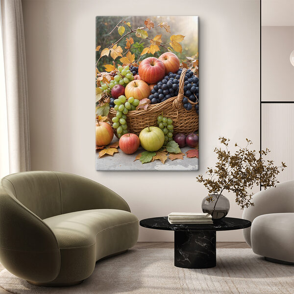 Fruitmand met bladeren Canvas Schilderijen Fruitmand met bladeren
