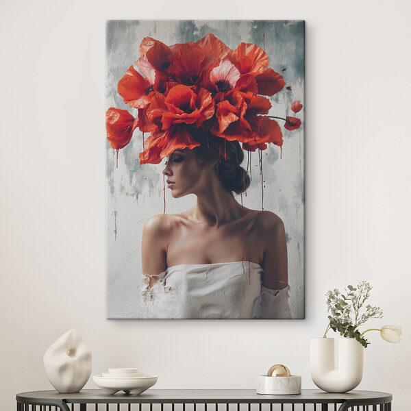 Vrouw met rode bloemen op haar hoofd Canvas Schilderijen Vrouw met rode bloemen op haar hoofd