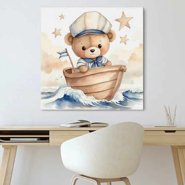 Aquarel van een teddybeer in een boot Canvas Schilderijen Aquarel van een teddybeer in een boot