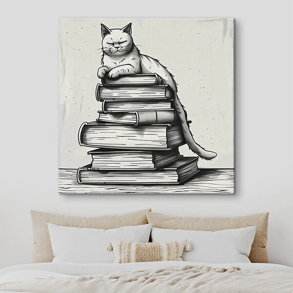 Kat zittend op een stapel boeken Canvas Schilderijen Kat zittend op een stapel boeken