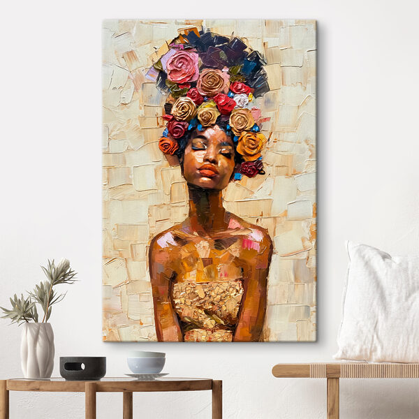 Schilderij van een vrouw met bloemen op haar hoofd Canvas Schilderijen Schilderij van een vrouw met bloemen op haar hoofd