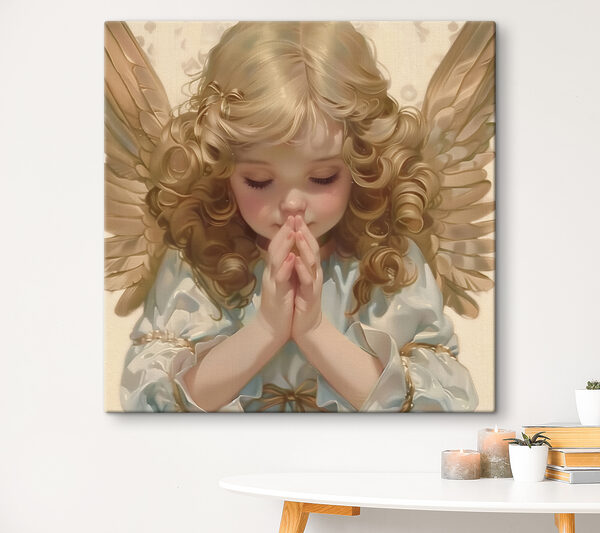 Kind met blond haar en vleugels bidt Canvas Schilderijen Kind met blond haar en vleugels bidt