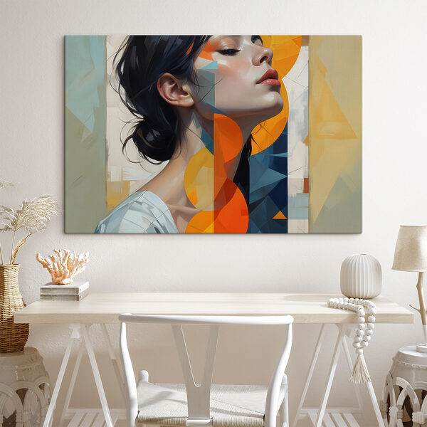 Vrouw met zwart haar en oranje en blauwe cirkels Canvas Schilderijen Vrouw met zwart haar en oranje en blauwe cirkels