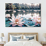 Canvas Schilderijen Roze en witte bloemen op een meer