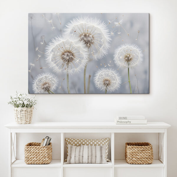 Groep paardenbloemen met vliegende zaden Canvas Schilderijen Groep paardenbloemen met vliegende zaden